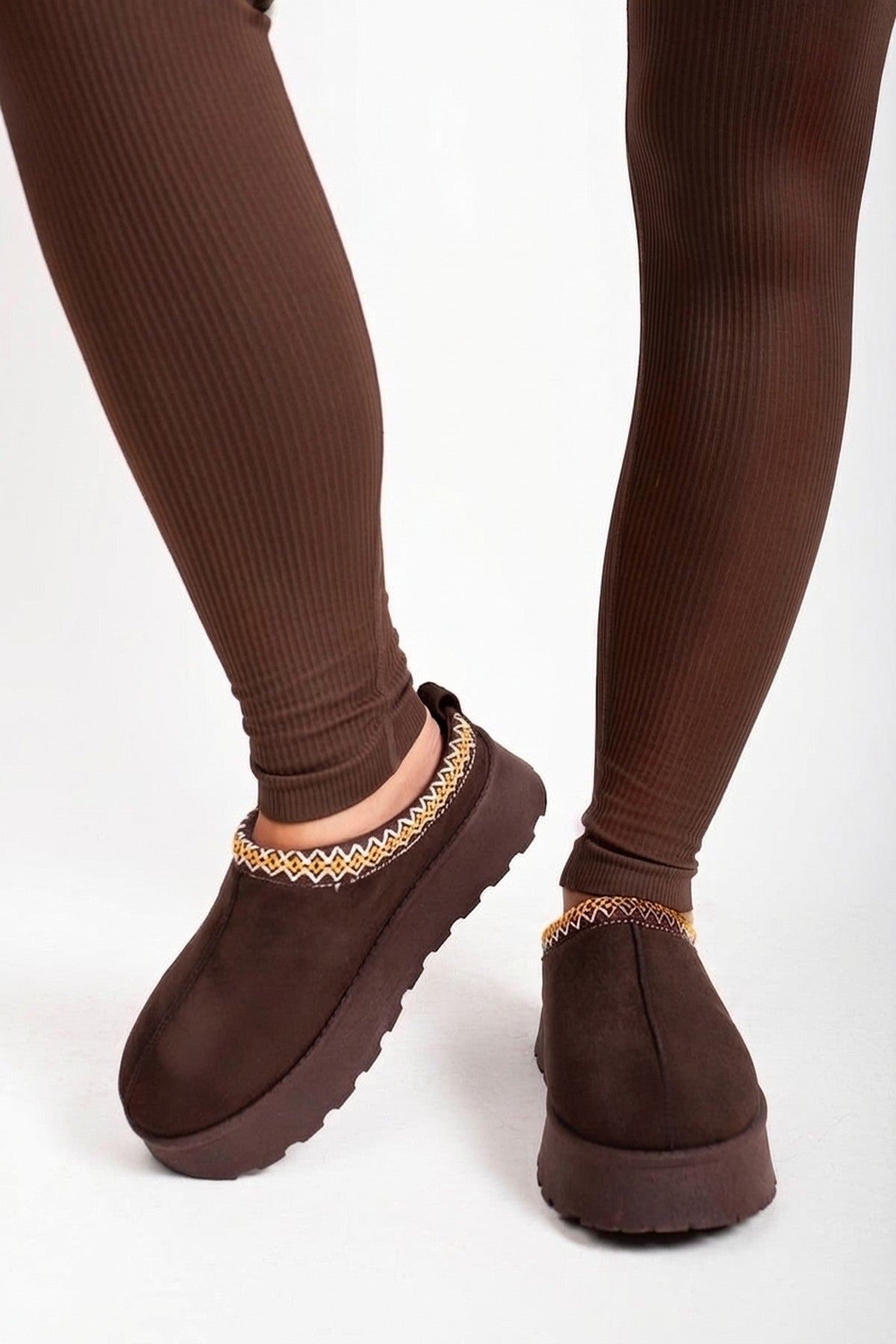 Jolene Aztec Detail Low Ankle Platform Slipper Boots - Chestnut