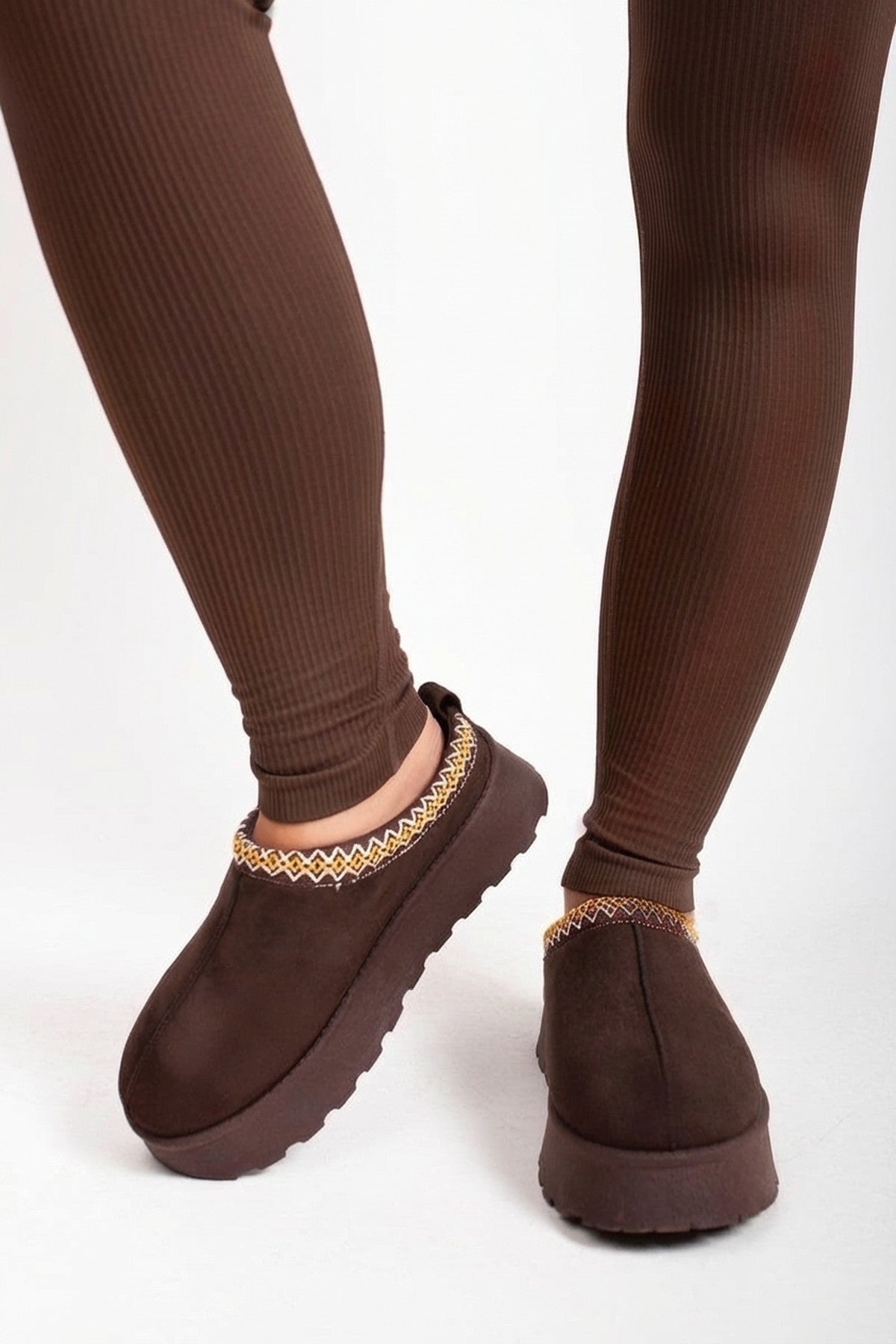 Jolene Aztec Detail Low Ankle Platform Slipper Boots - Chestnut