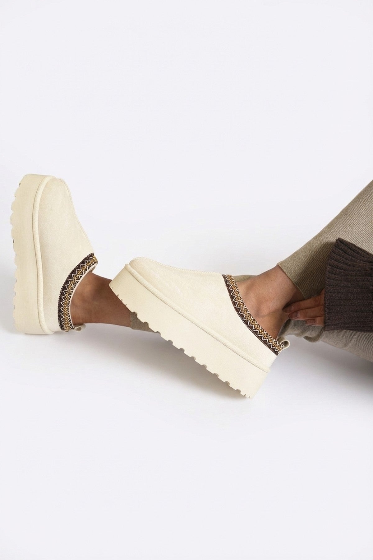 Jolene Aztec Detail Low Ankle Platform Slipper Boots - Cream