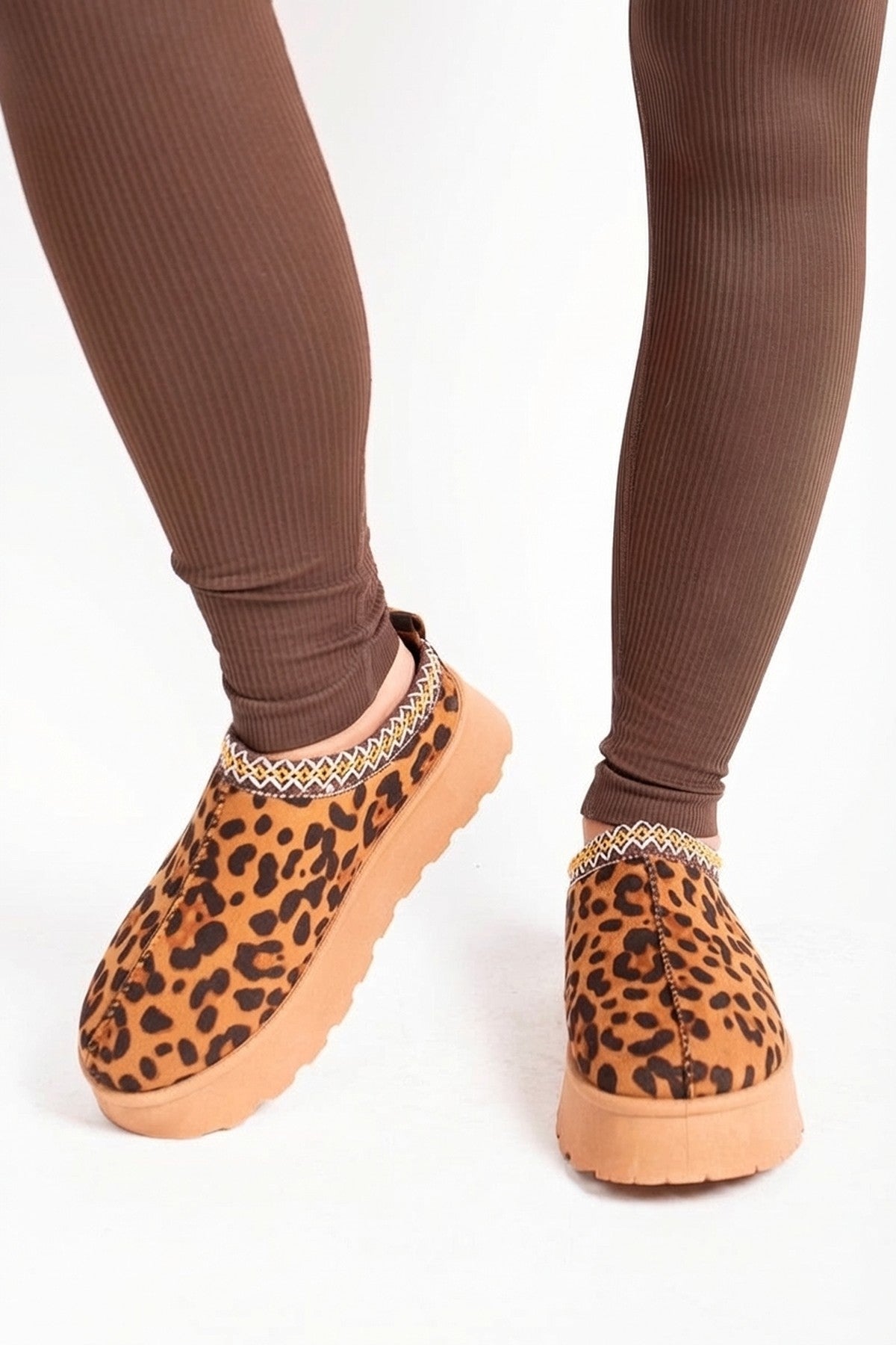 Jolene Aztec Detail Low Ankle Platform Slipper Boots - Leopard