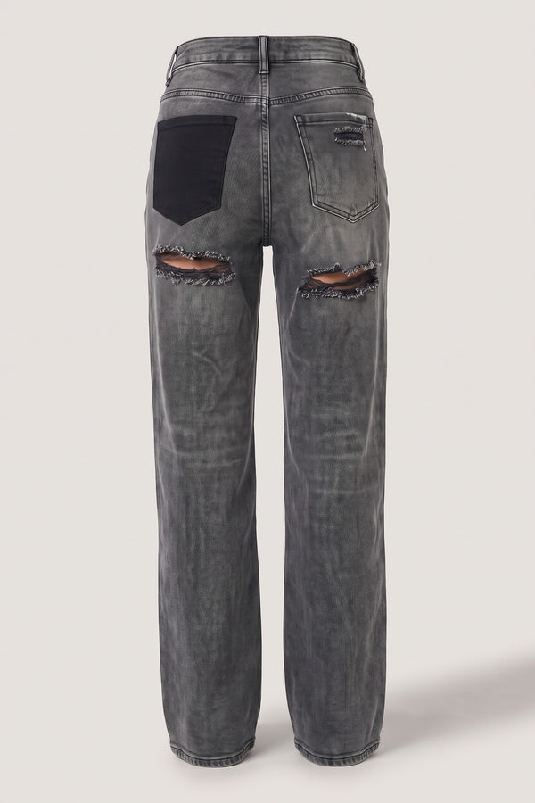 Chana Back Statement Distressed Straight Leg Jeans - Black