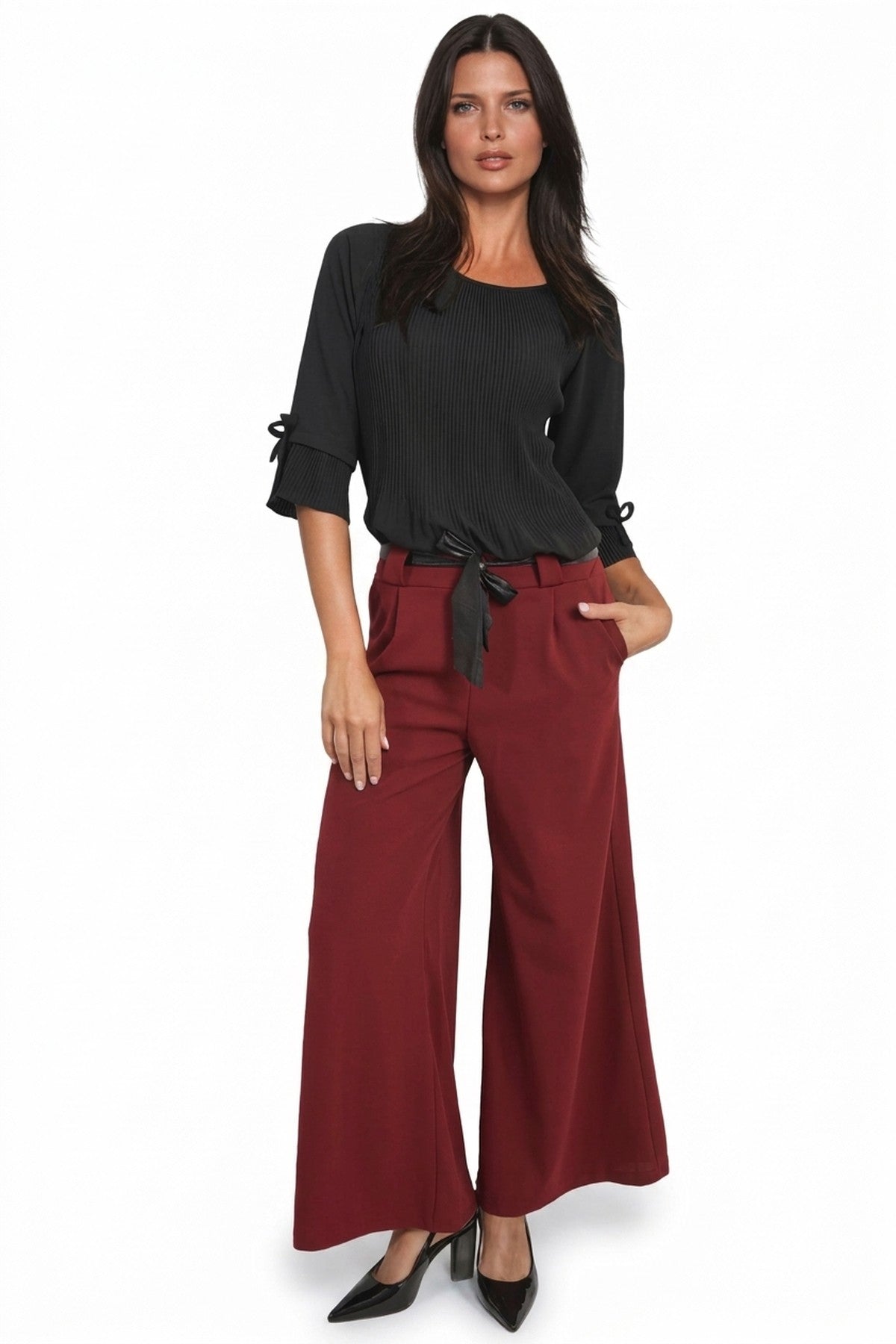 Mariana Belted High Waist Wide Leg Trouser - Bordeaux_wb