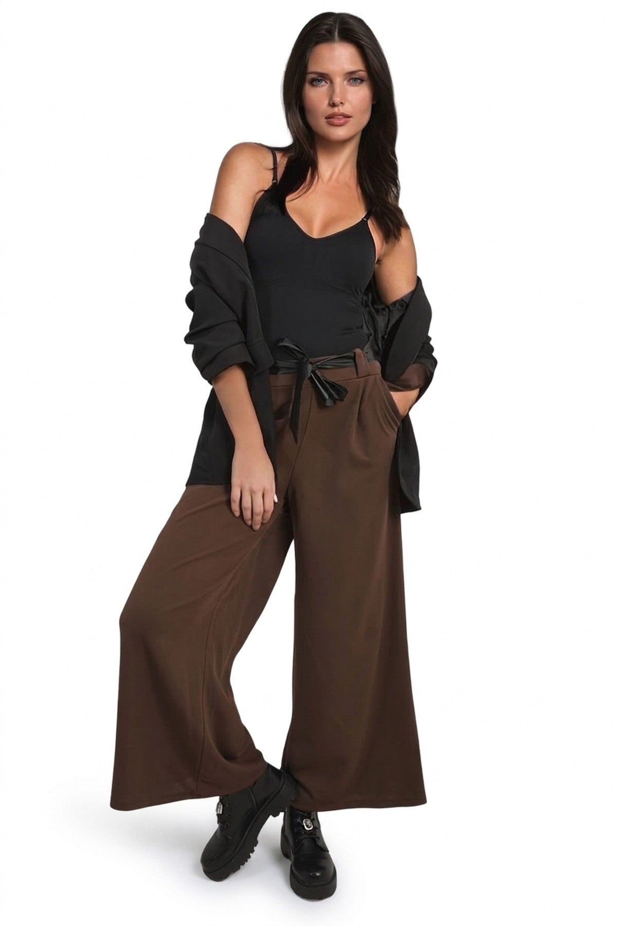 Mariana Belted High Waist Wide Leg Trouser - Brown_wb