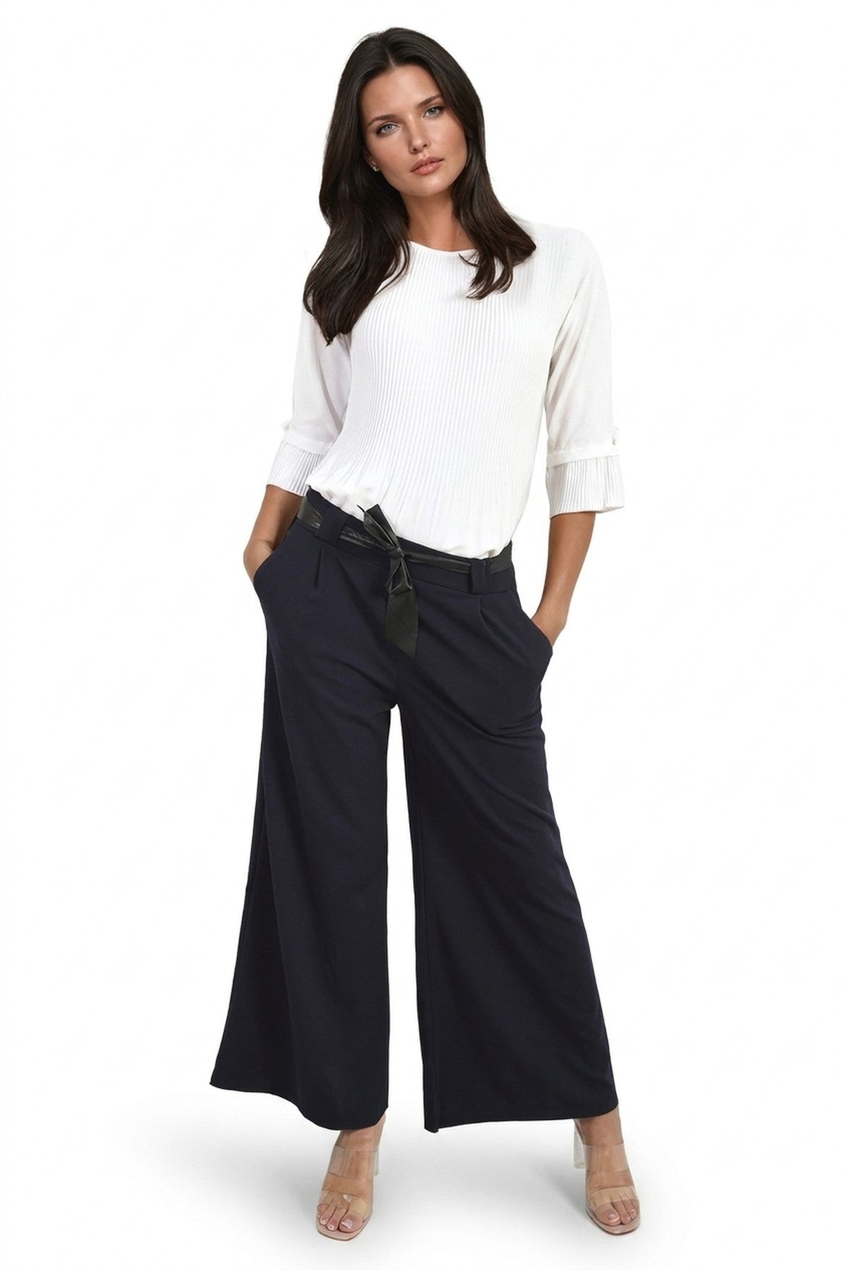 Mariana Belted High Waist Wide Leg Trouser - Navy_wb