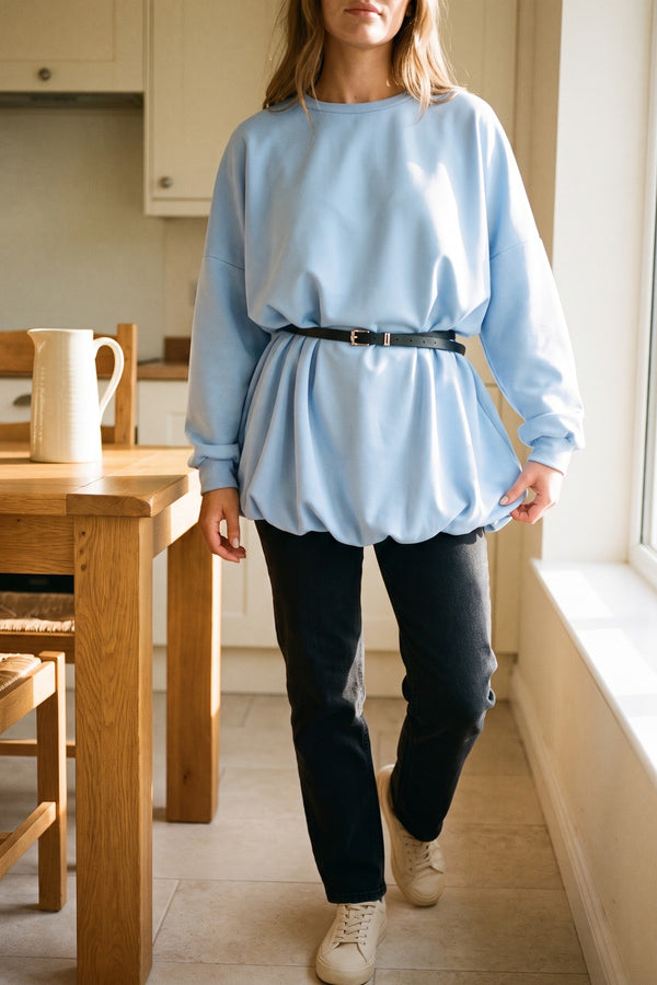 Nadia Belted Long Sleeve Mini Balloon Dress - Sky Blue