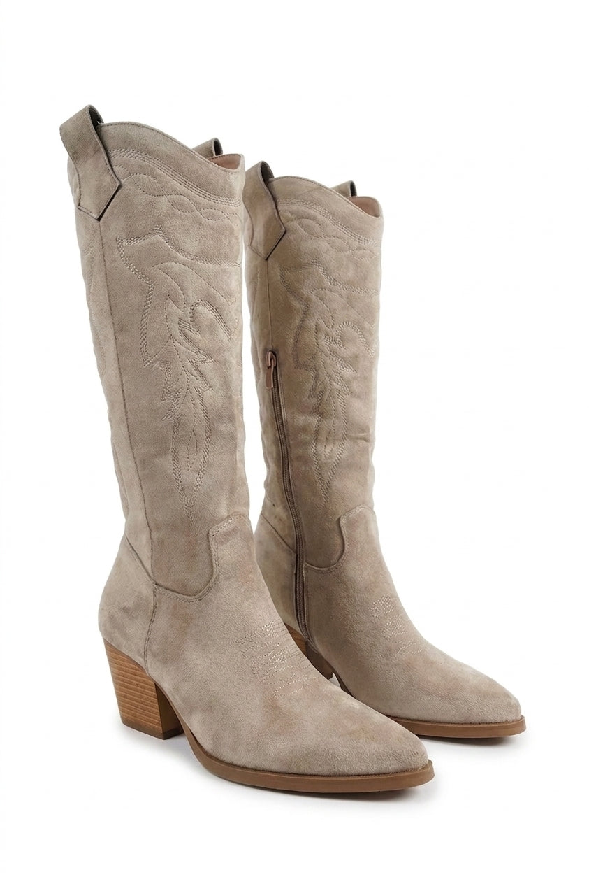 Samira Block Heel Cowboy Boots - Beige