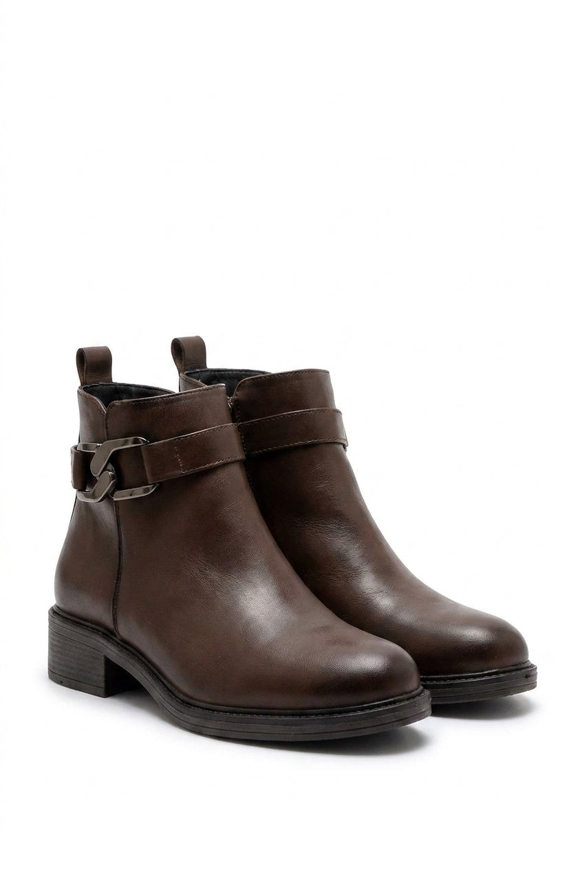 Valeria Buckle Side Zipper Closure Ankle Boots - Brown
