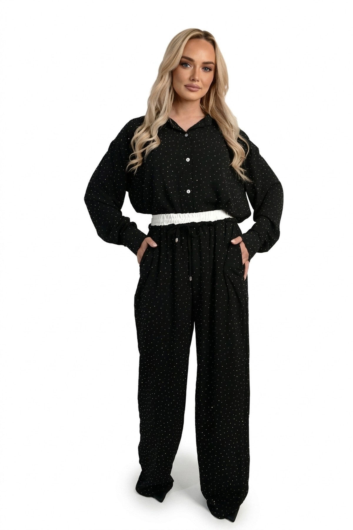 Nina Button Down Embellished Long Sleeve Top - Black_wb