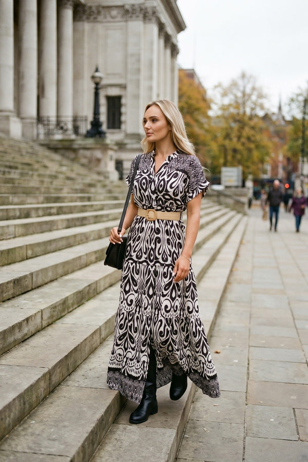 Amelina Button Down Printed Maxi Shirt Dress With Waist Detail - Black