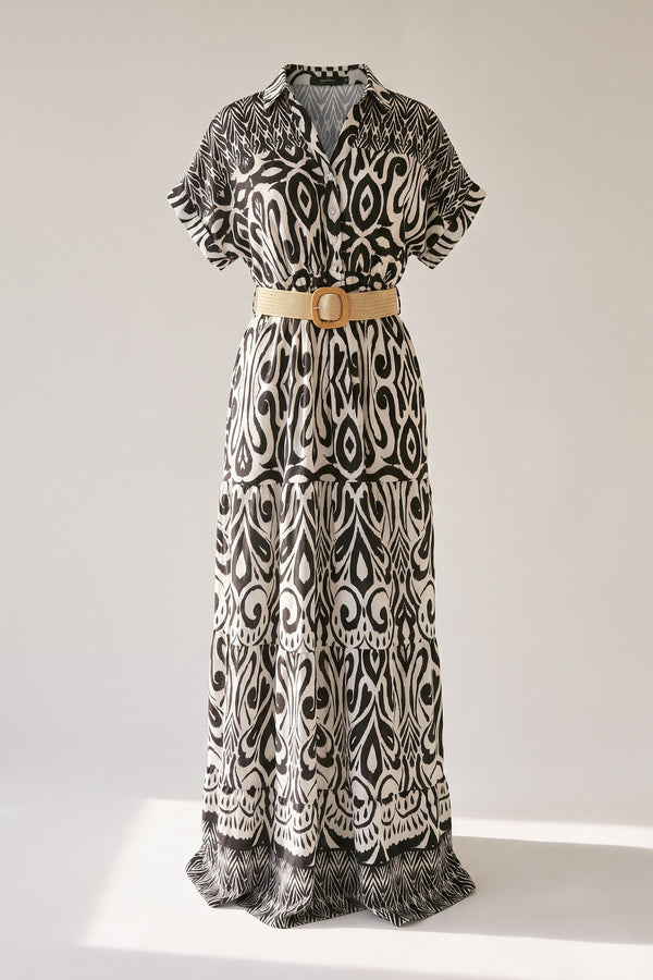 Amelina Button Down Printed Maxi Shirt Dress With Waist Detail - Black