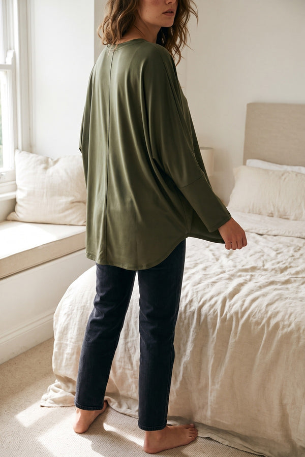 Emmy Casual Long Sleeve Loose Fit Top - Khaki