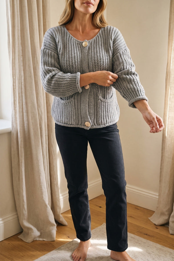 Melissa Chunky Cable Button Knit Cardigan - Grey