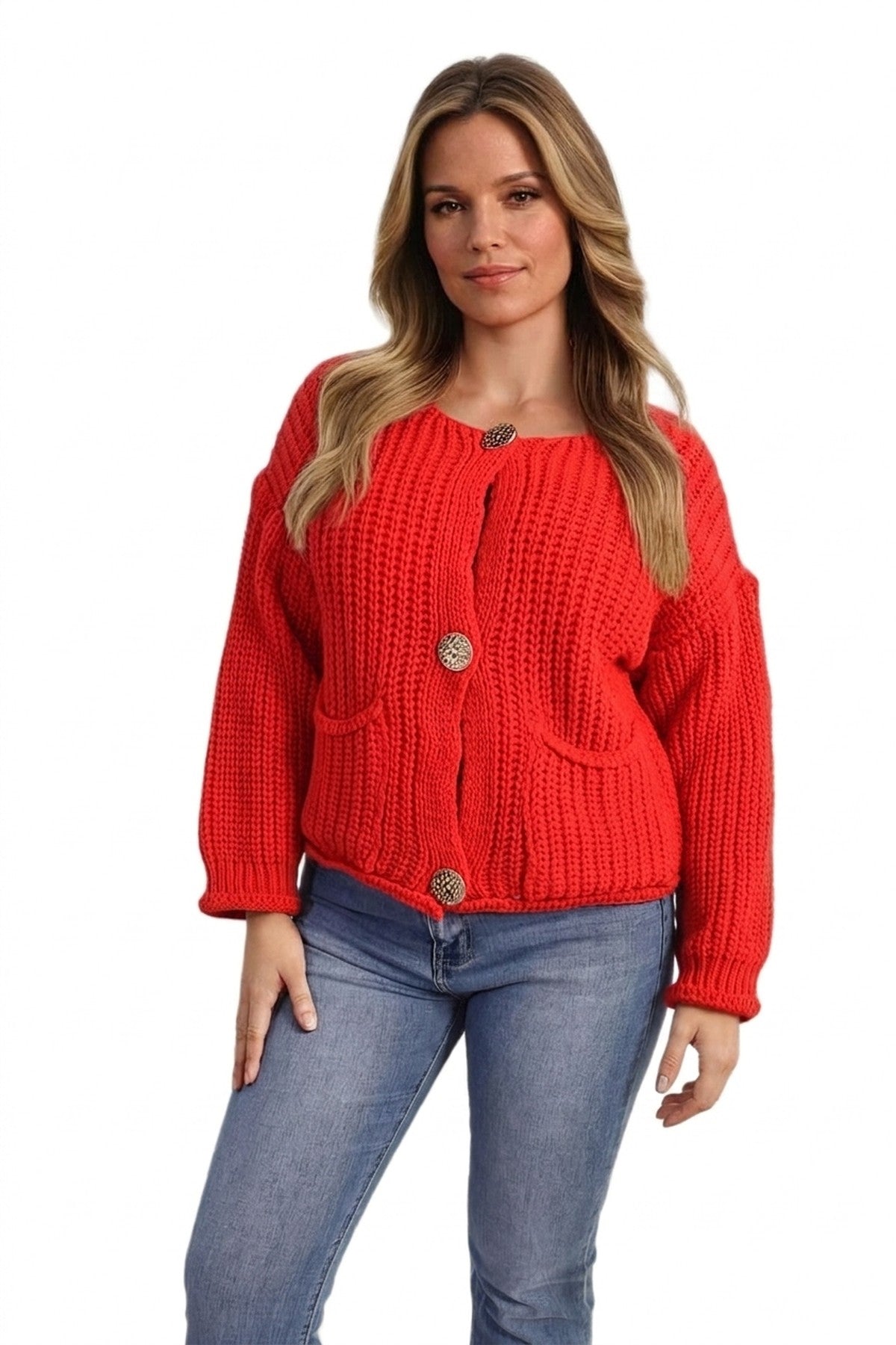 Melissa Chunky Cable Button Knit Cardigan - Red_wb