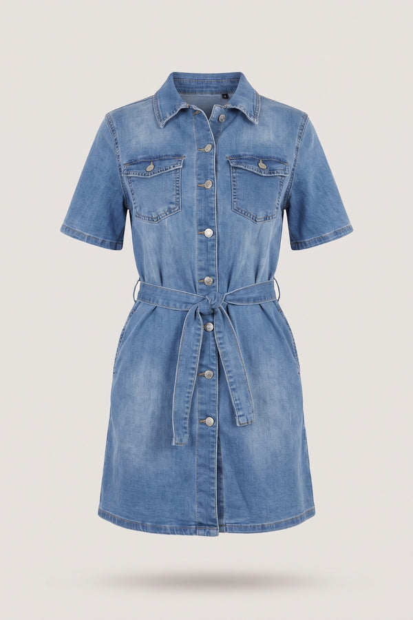 Helen Collared Belted Button Down Denim Shirt Dress - Denim