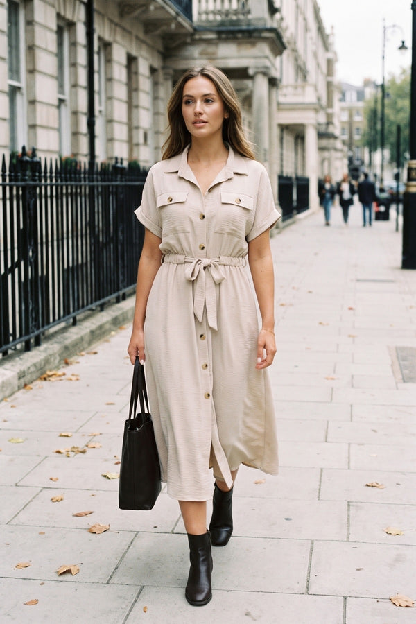 Annie Collared Button Down Short Sleeve Tie Waist Midi Dress - Beige