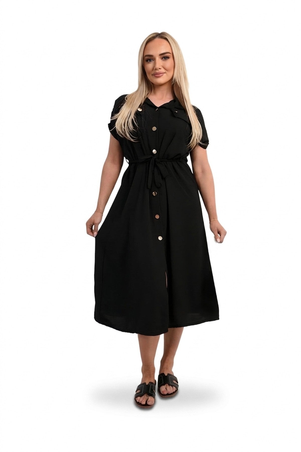 Annie Collared Button Down Short Sleeve Tie Waist Midi Dress - Black_wb
