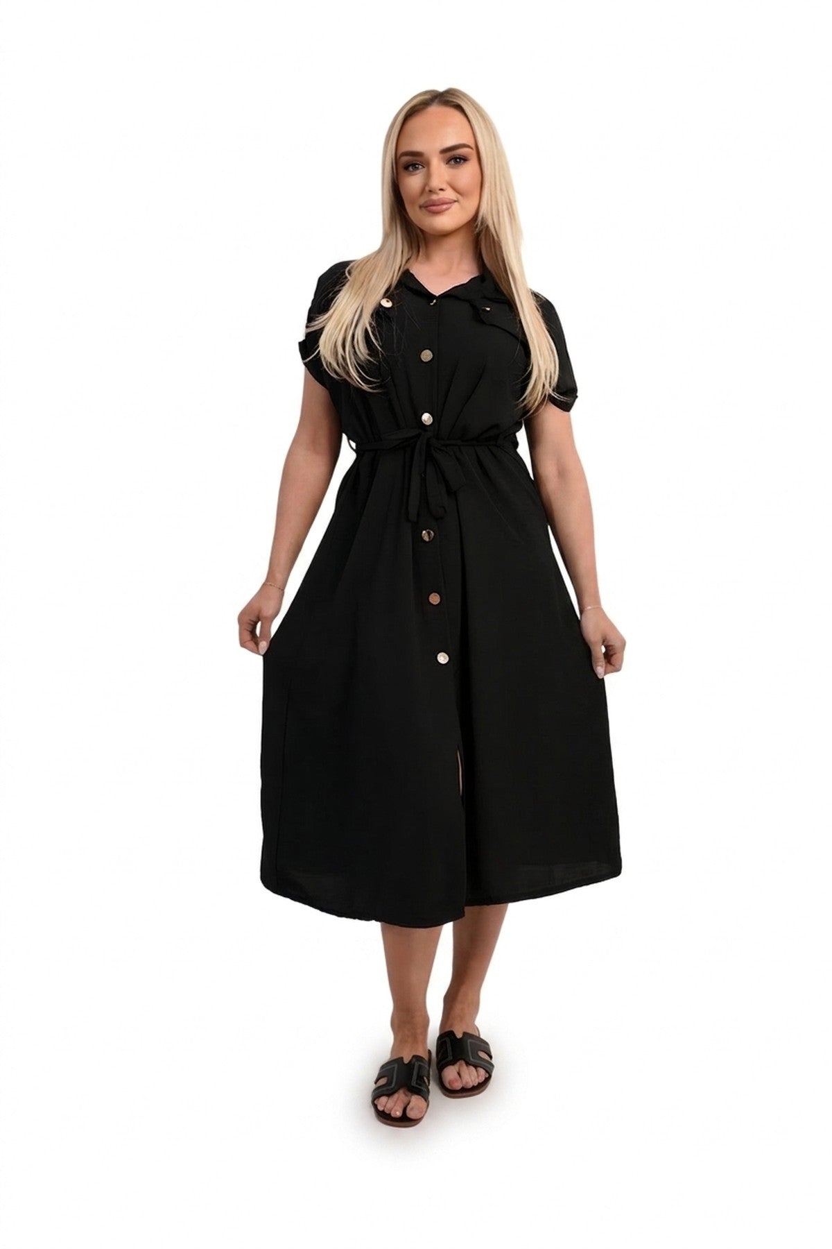 Annie Collared Button Down Short Sleeve Tie Waist Midi Dress - Black
