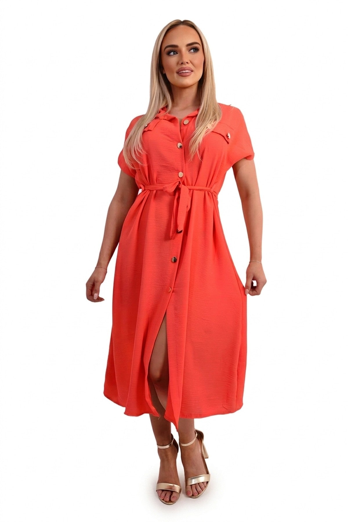 Annie Collared Button Down Short Sleeve Tie Waist Midi Dress - Coral
