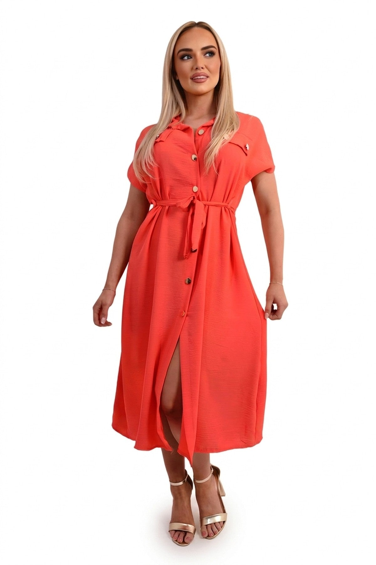 Annie Collared Button Down Short Sleeve Tie Waist Midi Dress - Coral_wb