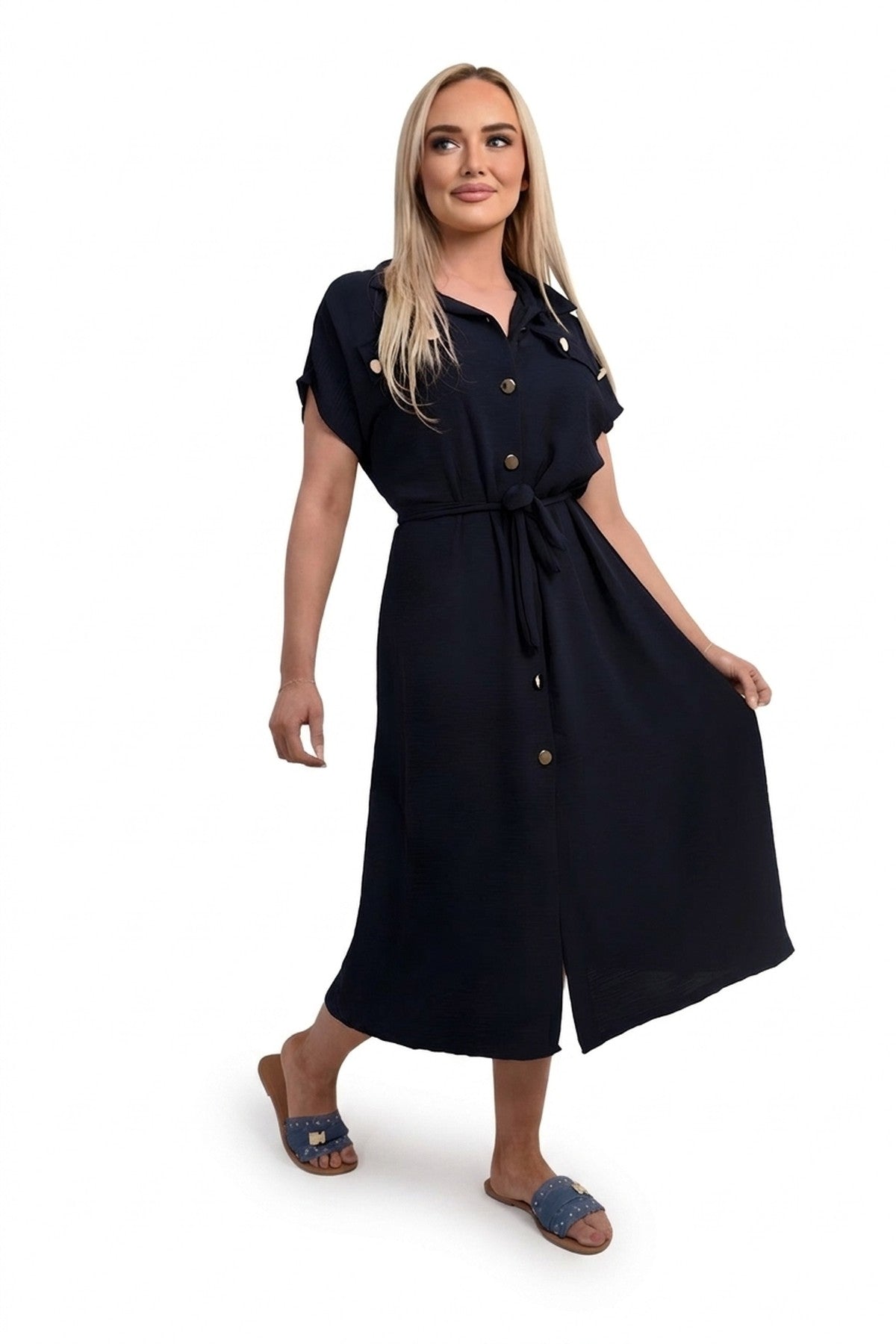 Annie Collared Button Down Short Sleeve Tie Waist Midi Dress - Navy_wb