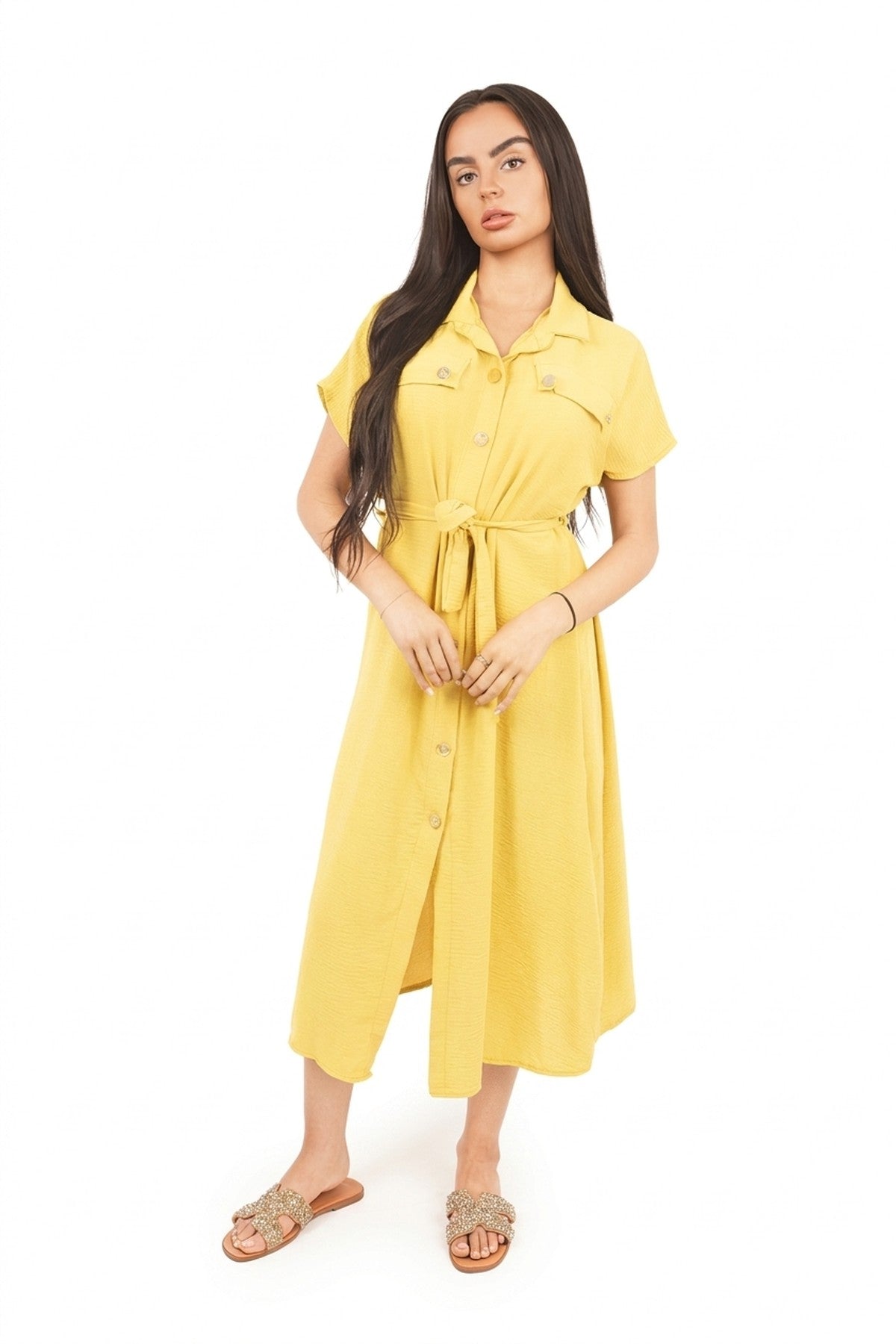 Annie Collared Button Down Short Sleeve Tie Waist Midi Dress - Yellow_wb