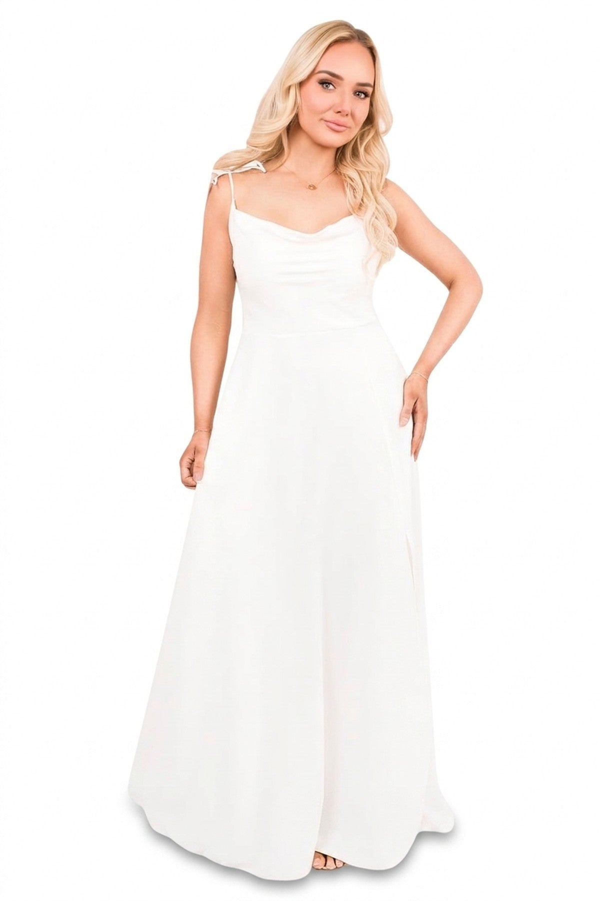 Adina Cowl Neck Tie Strap Maxi Dress With Thigh Split - White_wb