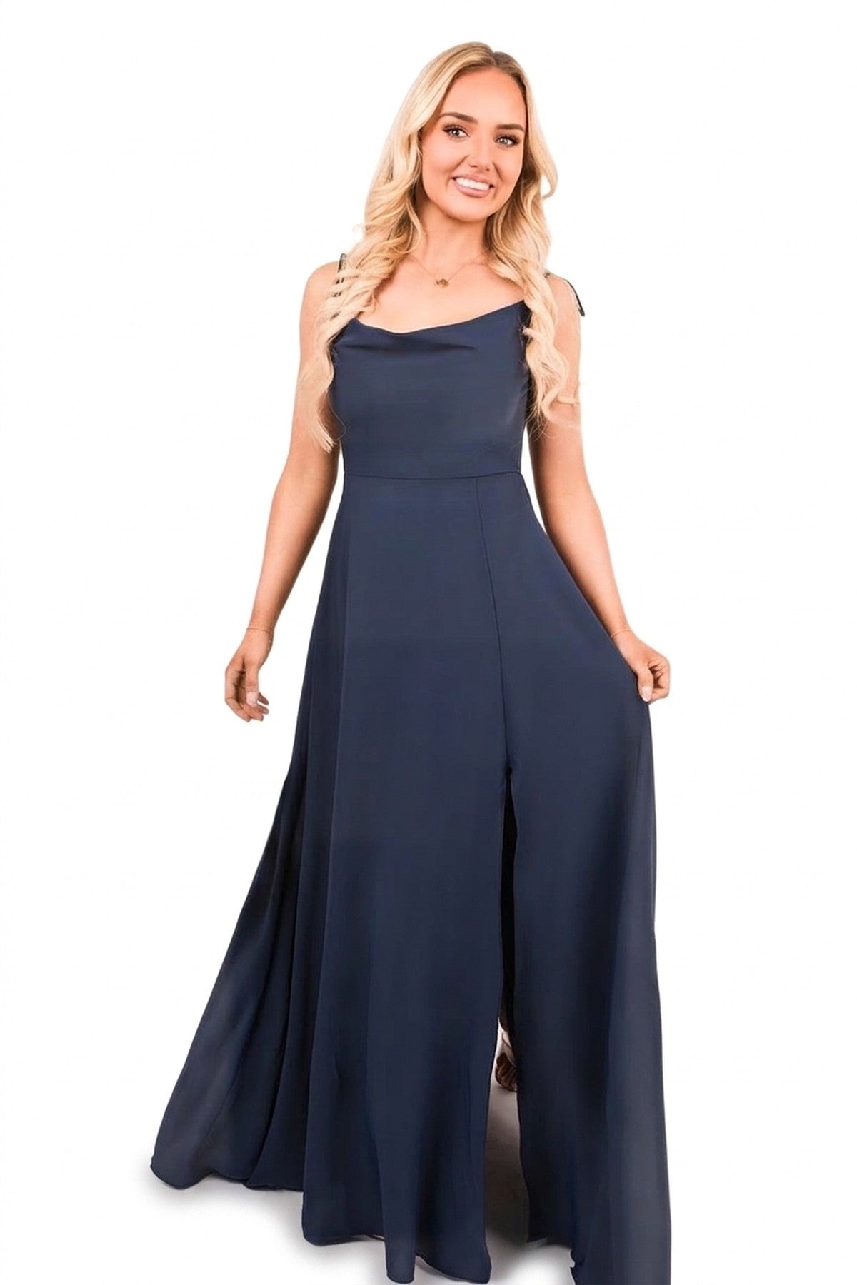 Adina Cowl Neck Tie Strap Maxi Dress With Thigh Split - Navy_wb