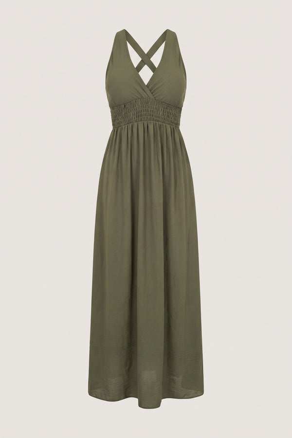 Talina Cross Back Maxi Dress With Ruched Waist - Khaki
