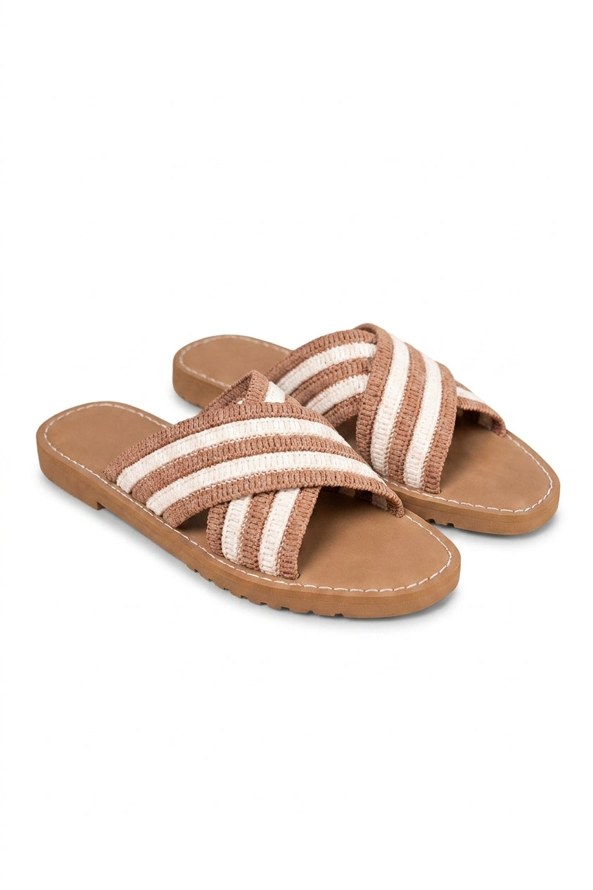Elina Cross Strap Flat Sandals With Woven Detail - Mocha