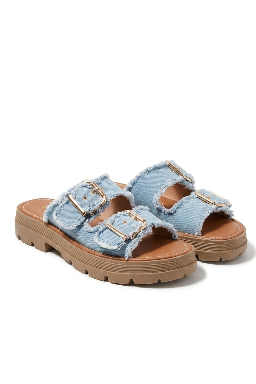 Madelina Double Buckle Denim Platform Sandals - Light Blue