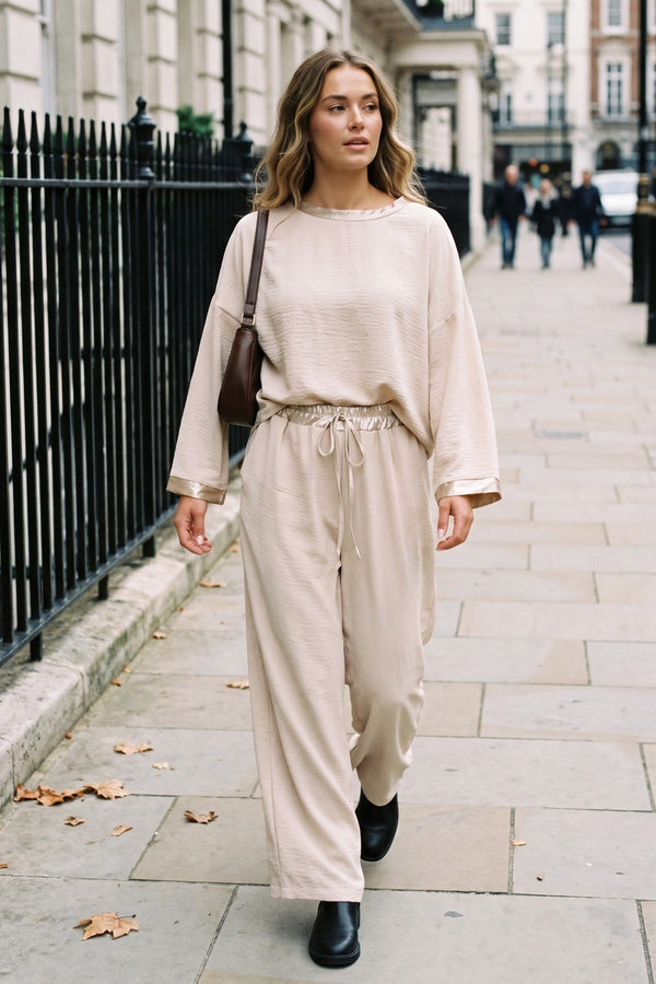 Marina Drawstring Shiny Waist Wide Leg Trouser - Beige