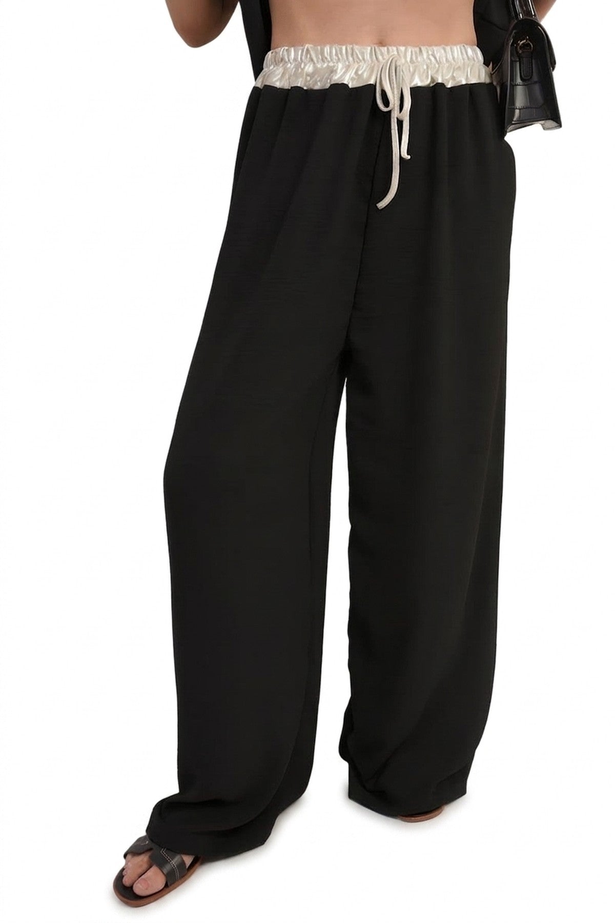 Marina Drawstring Shiny Waist Wide Leg Trouser - Black_wb