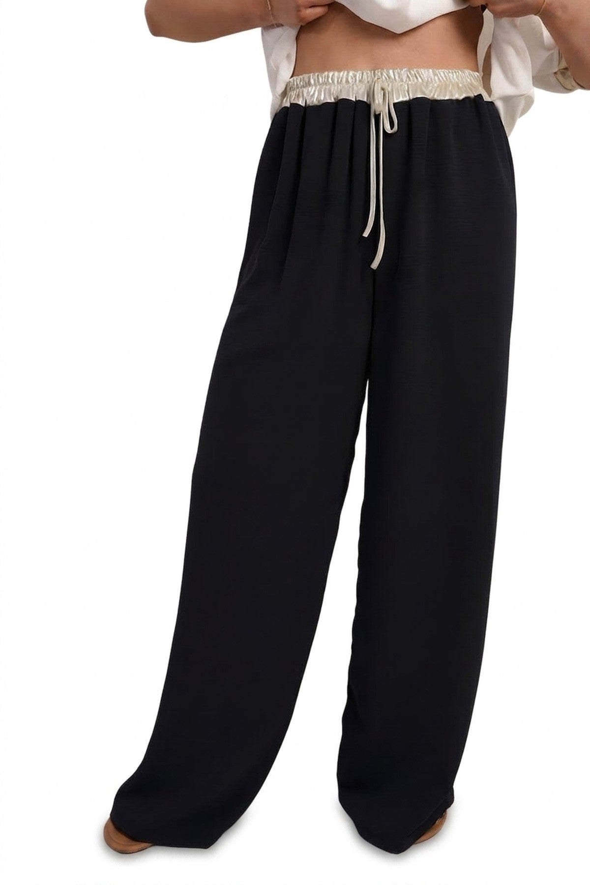 Marina Drawstring Shiny Waist Wide Leg Trouser - Navy_wb