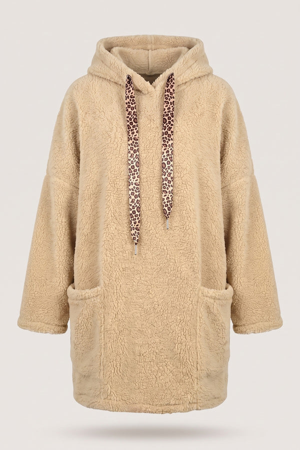 Melissa Drawstring Teddie Hoodie Jacket With Front Pockets - Beige