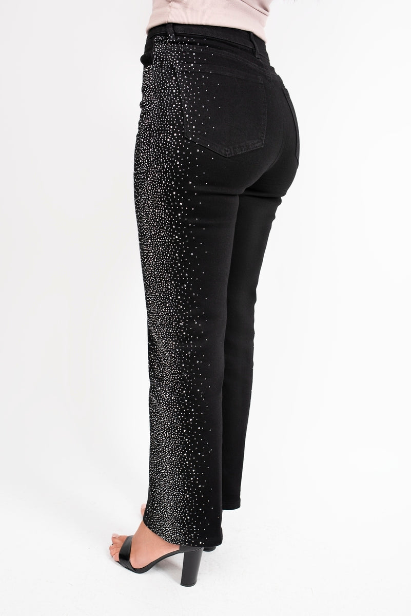 Elyndra High Waisted Sparkle Straight Leg Jeans - Black