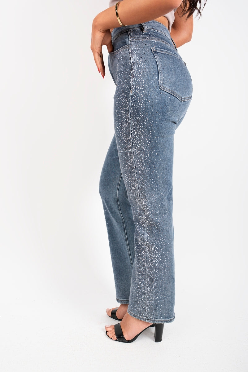 Elyndra High Waisted Sparkle Straight Leg Jeans - Denim