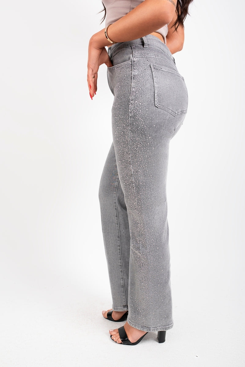 Elyndra High Waisted Sparkle Straight Leg Jeans - Grey