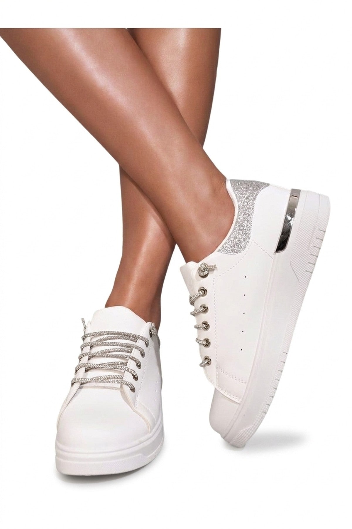 Callie Embellished Lace Platform Trainers - Silver_wb