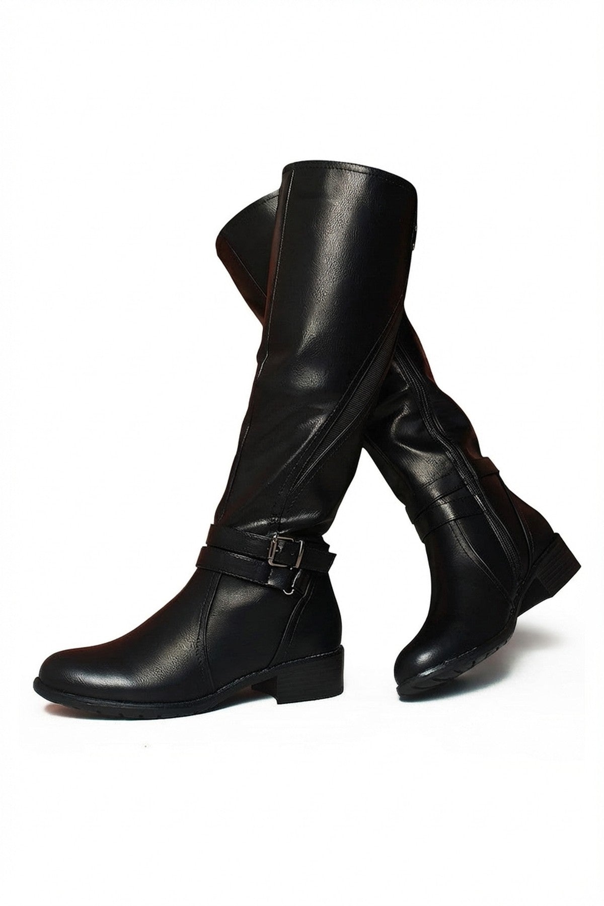 Nina Faux Leather Buckle Knee High Boots - Black