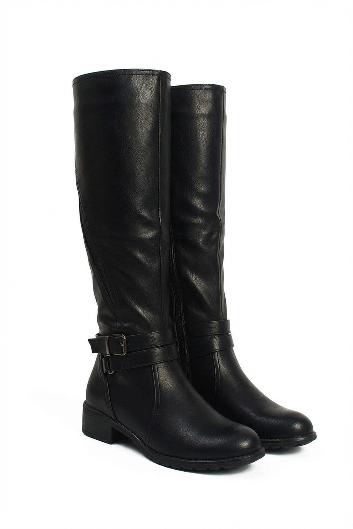 Nina Faux Leather Buckle Knee High Boots - Black