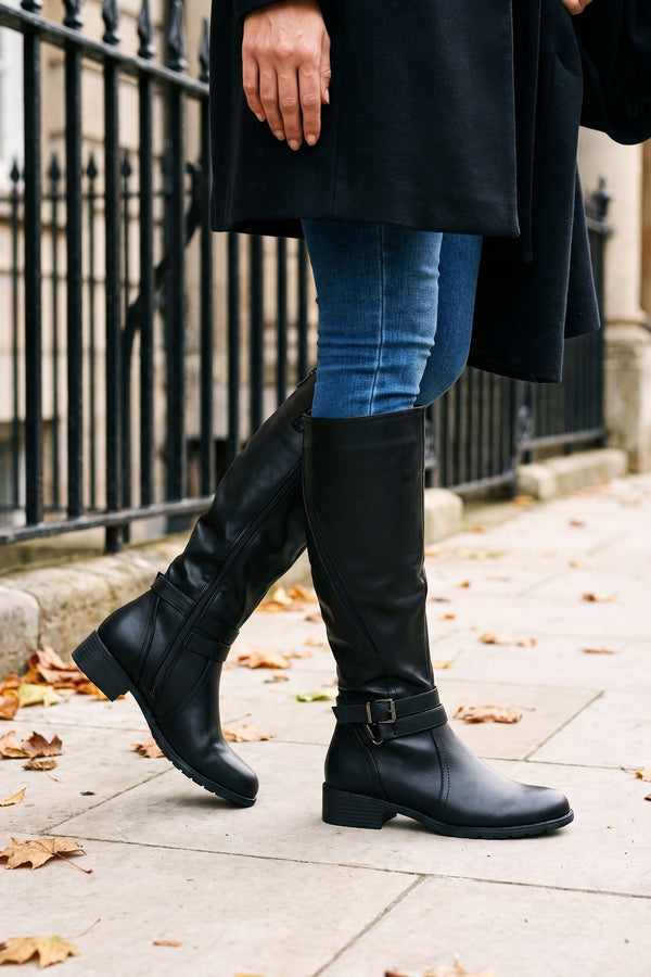 Nina Faux Leather Buckle Knee High Boots - Black