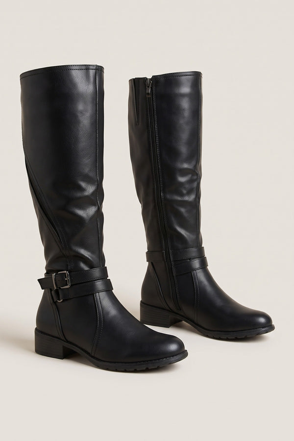 Nina Faux Leather Buckle Knee High Boots - Black