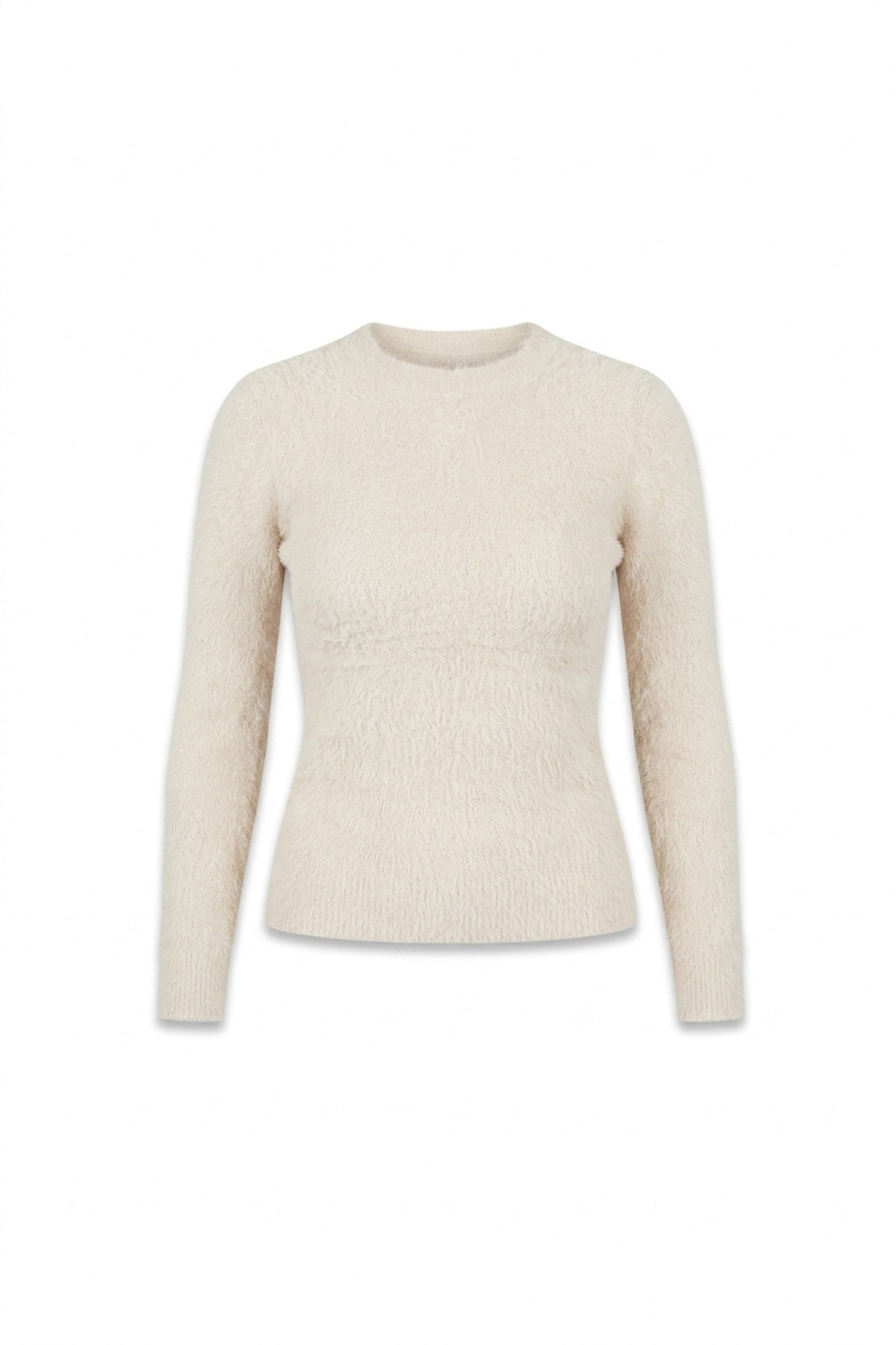 Stella Fitted Long Sleeve Fluffy Knitted Top - Beige_wb