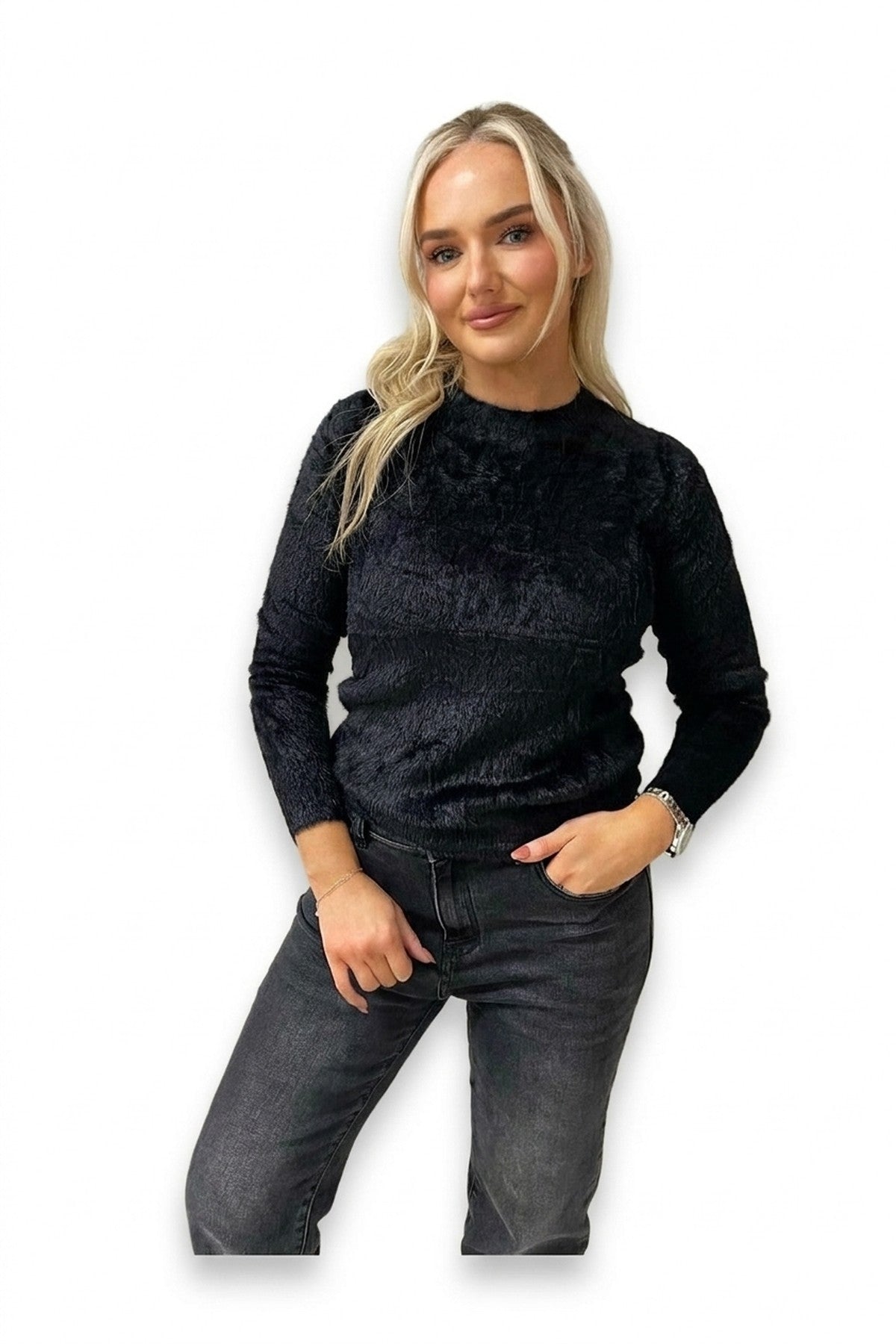 Stella Fitted Long Sleeve Fluffy Knitted Top - Black_wb