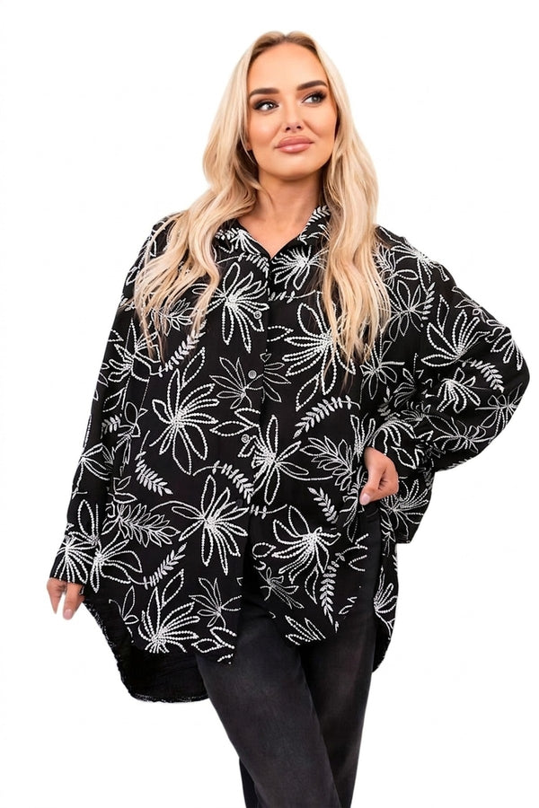 Erin Floral Print Oversized Long Sleeve Button Down Top - Black_wb