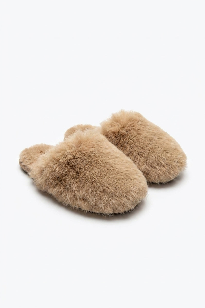 Nadia Fluffy Faux Fur Slippers - Camel