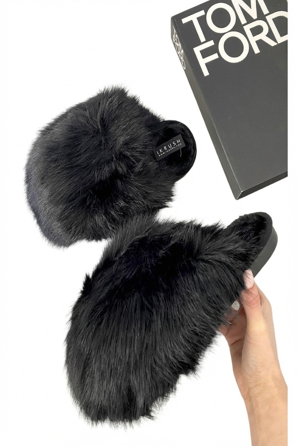 Nadia Fluffy Faux Fur Slippers - Black