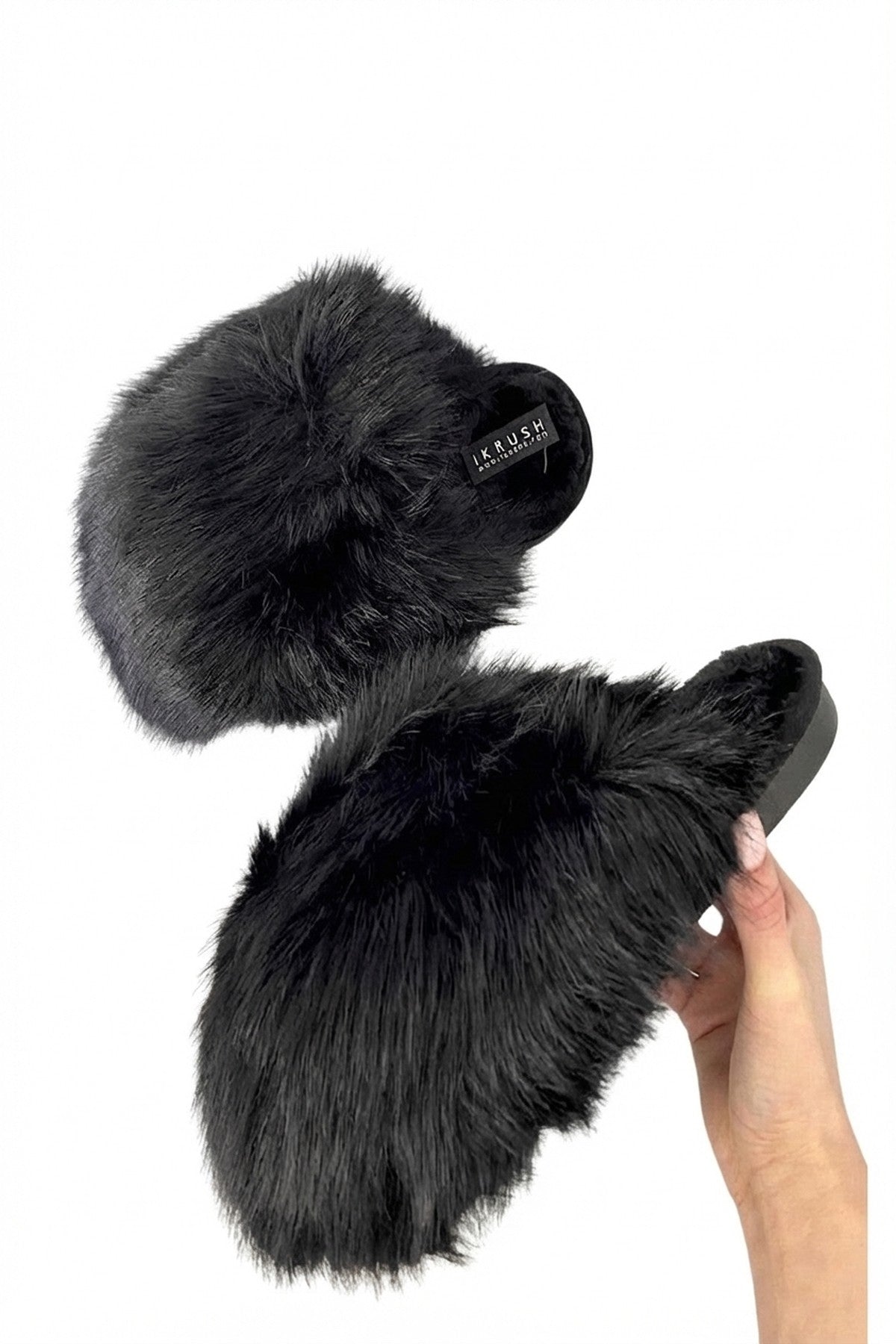 Nadia Fluffy Faux Fur Slippers - Black