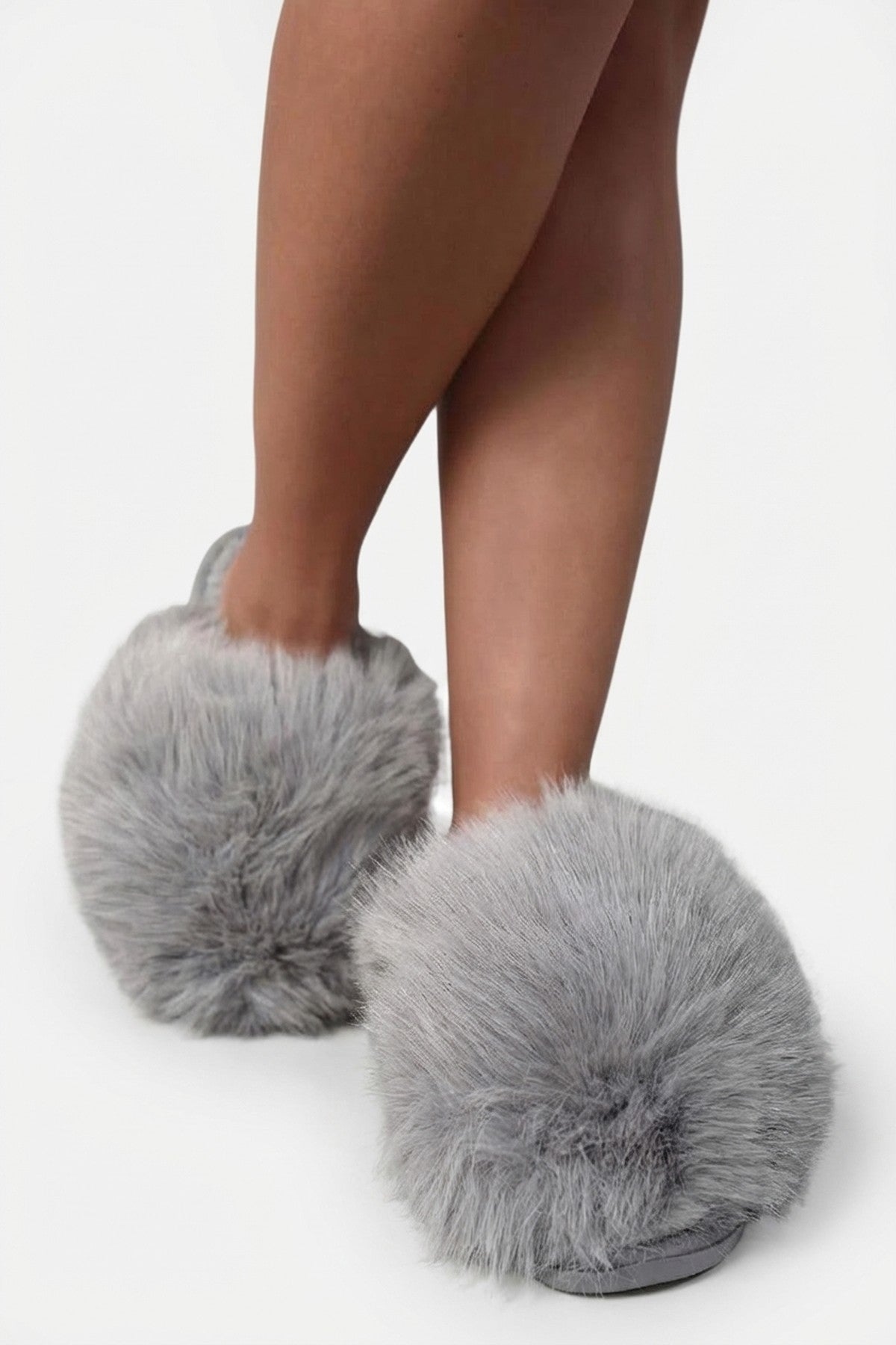 Nadia Fluffy Faux Fur Slippers - Grey