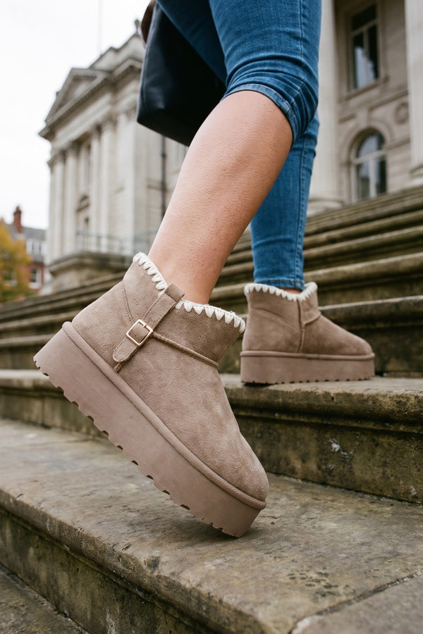 Debra Fur-lined Platform Ankle Boots - Khaki